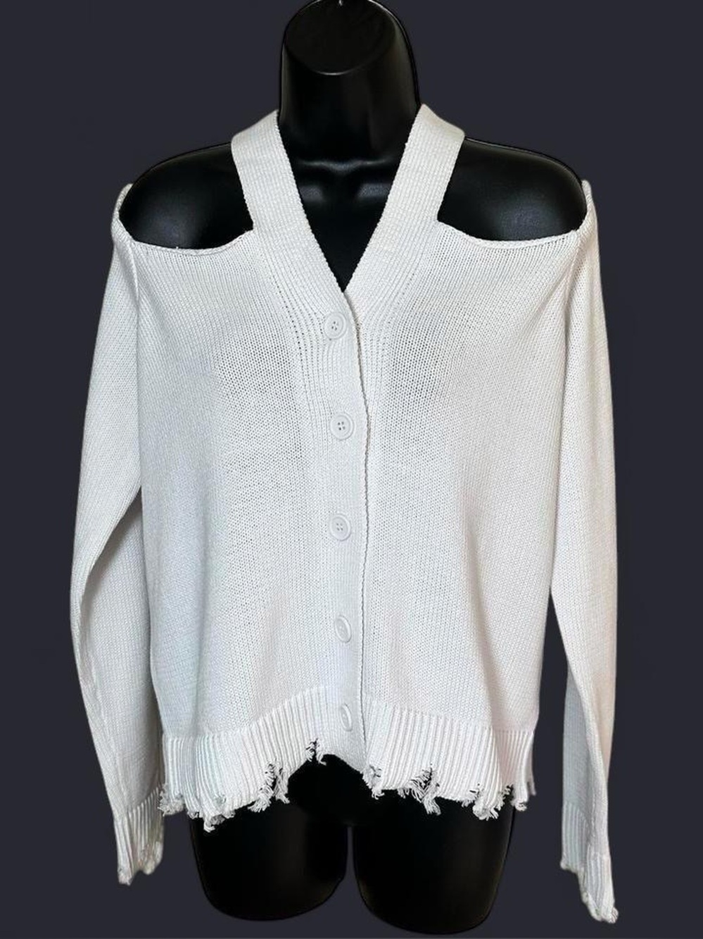 NWT 525 America Cold Shoulder Button Front Purposefully Distressed White Sweater